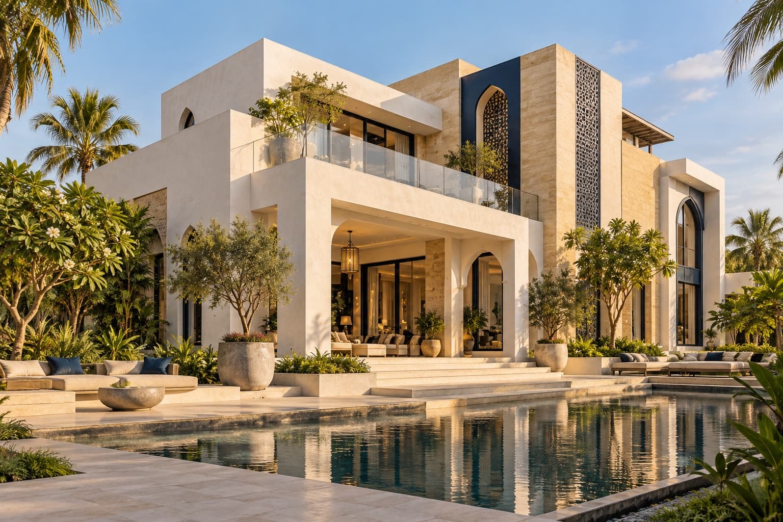 Original architectural visualization of a luxury villa with warm stone, a courtyard and reflecting pool
